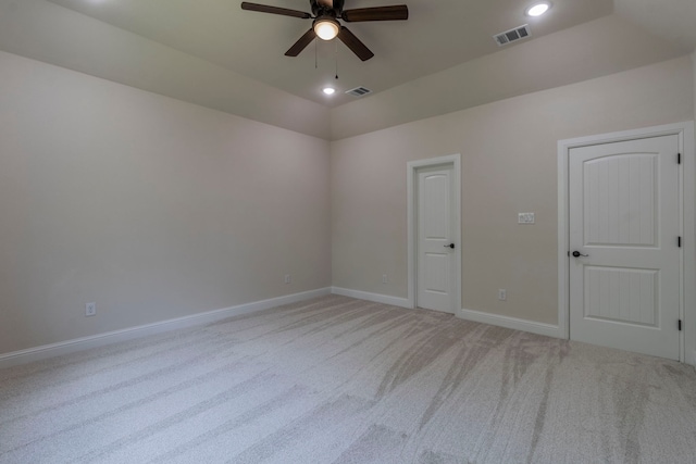 458 Jim Walters Dr, Runaway Bay, TX 76426 - unfurnished room featuring ceiling fan, light carpet, lofted ceiling, and recessed lighting