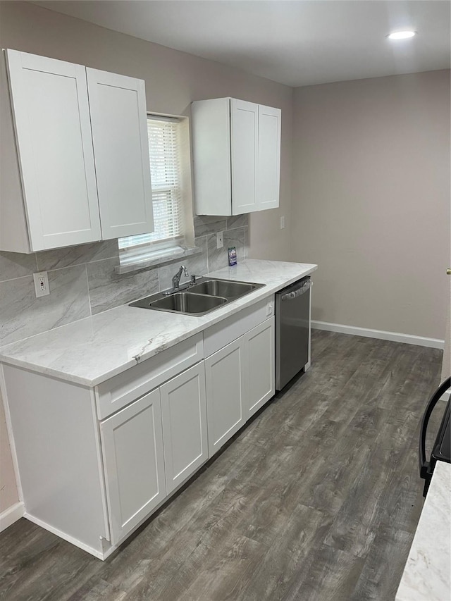 3954 Cambridge, Garland, TX 75043 - kitchen featuring dishwasher, tasteful backsplash, white cabinetry, and dark wood-style floors