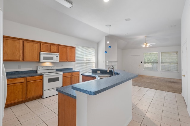6716 Armstrong Ct, Fort Worth, TX 76137 - kitchen featuring white appliances, light tile patterned flooring, and dark countertops