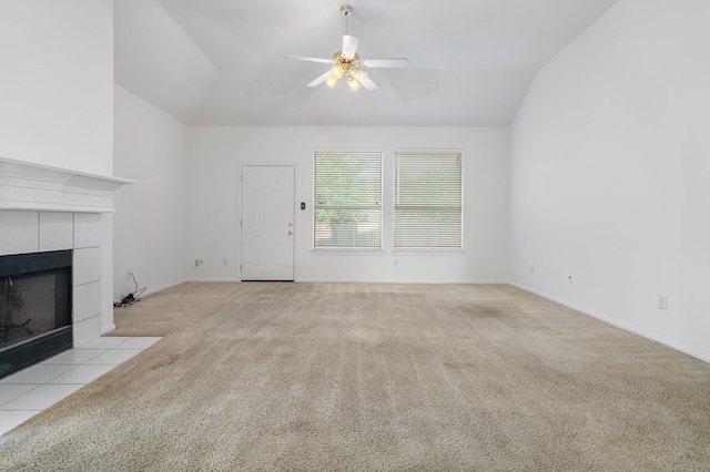 6716 Armstrong Ct, Fort Worth, TX 76137 - unfurnished living room with lofted ceiling, carpet flooring, a tiled fireplace, and ceiling fan