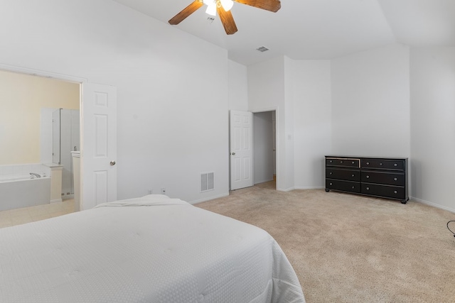 6716 Armstrong Ct, Fort Worth, TX 76137 - bedroom featuring carpet floors, high vaulted ceiling, ceiling fan, and connected bathroom