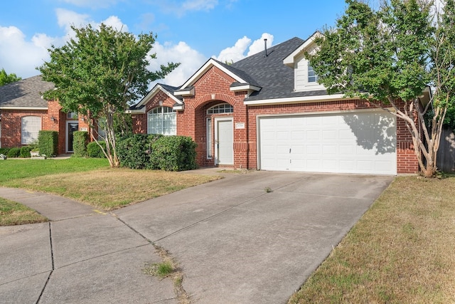 6716 Armstrong Ct, Fort Worth, TX 76137 - traditional home featuring brick siding, driveway, a front yard, a shingled roof, and an attached garage