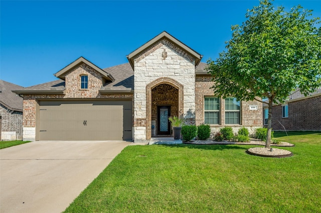 595 Yucca Ct, Princeton, TX 75407 - french provincial home with stone siding, a front yard, an attached garage, concrete driveway, and brick siding