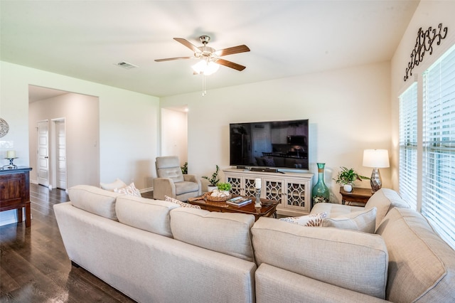 595 Yucca Ct, Princeton, TX 75407 - living area featuring dark wood finished floors and a ceiling fan
