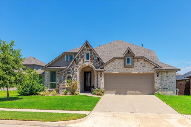 324 Roscoe Dr, Fate, TX 75087 - view of front of property with a front yard, a garage, driveway, brick siding, and stone siding