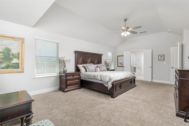 324 Roscoe Dr, Fate, TX 75087 - bedroom with vaulted ceiling, light colored carpet, ensuite bath, and ceiling fan