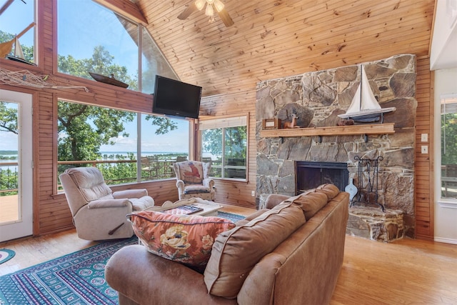110 Waterview Ln, Pottsboro, TX 75076 - living room featuring high vaulted ceiling, a ceiling fan, wood finished floors, wood walls, and a fireplace