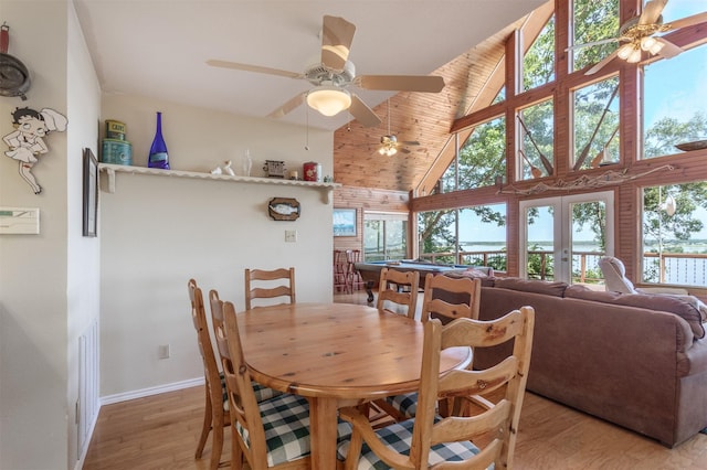 110 Waterview Ln, Pottsboro, TX 75076 - dining space with a ceiling fan, light wood-style flooring, high vaulted ceiling, and wooden ceiling