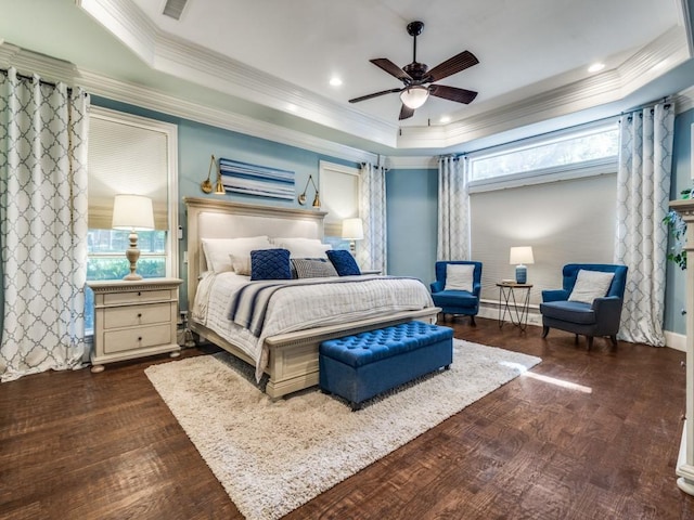 1908 Peninsula Dr, Flower Mound, TX 75022 - bedroom with a raised ceiling, ornamental molding, dark wood finished floors, ceiling fan, and recessed lighting