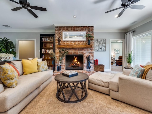 1908 Peninsula Dr, Flower Mound, TX 75022 - living area with ceiling fan, carpet floors, a brick fireplace, crown molding, and recessed lighting