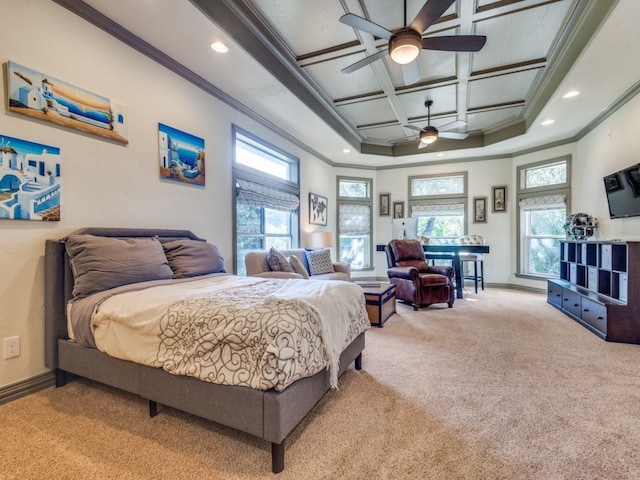1908 Peninsula Dr, Flower Mound, TX 75022 - carpeted bedroom featuring ornamental molding, multiple windows, coffered ceiling, and recessed lighting