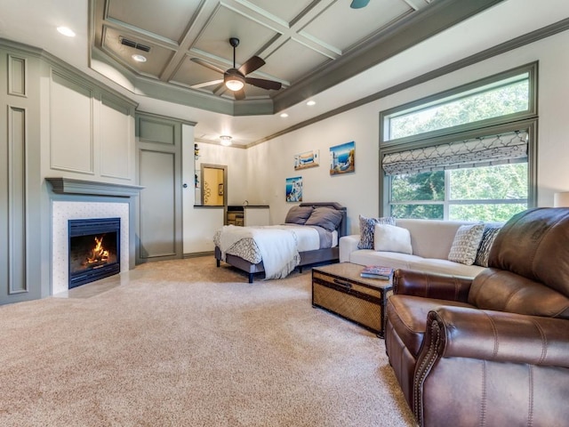 1908 Peninsula Dr, Flower Mound, TX 75022 - bedroom with light colored carpet, crown molding, a tile fireplace, recessed lighting, and coffered ceiling