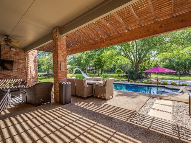 1908 Peninsula Dr, Flower Mound, TX 75022 - view of patio with an outdoor hangout area, an outdoor pool, view of scattered trees, ceiling fan, and a pergola
