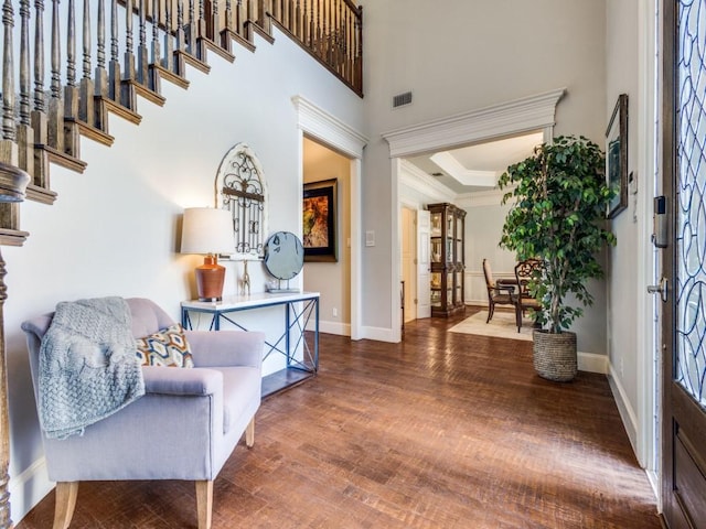 1908 Peninsula Dr, Flower Mound, TX 75022 - entryway with ornamental molding, wood finished floors, and a high ceiling