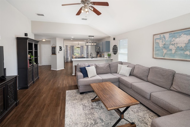 1722 Chestnut St, Anna, TX 75409 - living room featuring vaulted ceiling, a ceiling fan, and dark wood-style floors