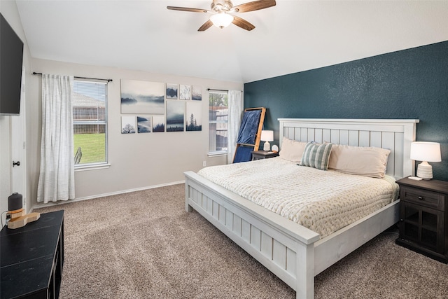 1722 Chestnut St, Anna, TX 75409 - bedroom with multiple windows, vaulted ceiling, carpet floors, and ceiling fan
