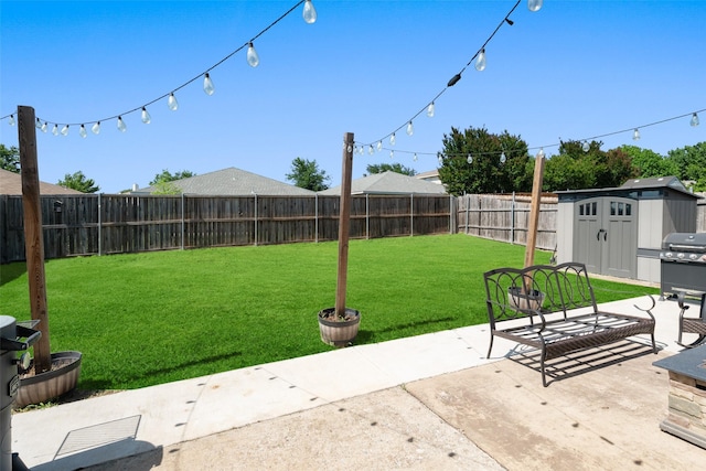 1722 Chestnut St, Anna, TX 75409 - fenced backyard featuring a storage shed and a patio area