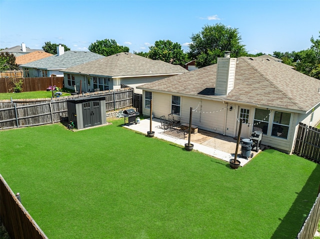 1722 Chestnut St, Anna, TX 75409 - rear view of property with a patio, a chimney, a fenced backyard, a storage shed, and roof with shingles