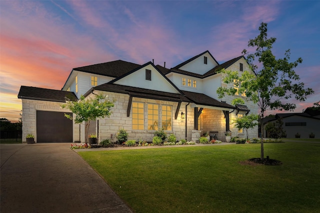 233 Kirkpatrick Ct, Argyle, TX 76226 - view of front of property featuring stone siding, concrete driveway, an attached garage, a lawn, and a shingled roof