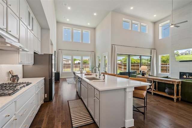 233 Kirkpatrick Ct, Argyle, TX 76226 - kitchen featuring stainless steel appliances, a towering ceiling, open floor plan, ceiling fan, and a tile fireplace