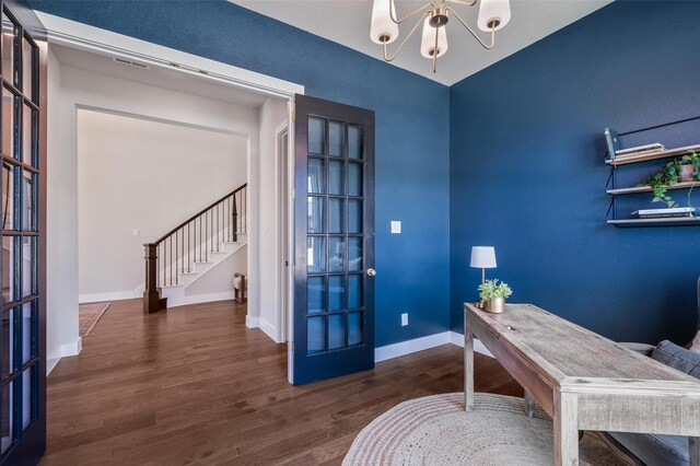 233 Kirkpatrick Ct, Argyle, TX 76226 - home office with wood finished floors, a chandelier, and french doors