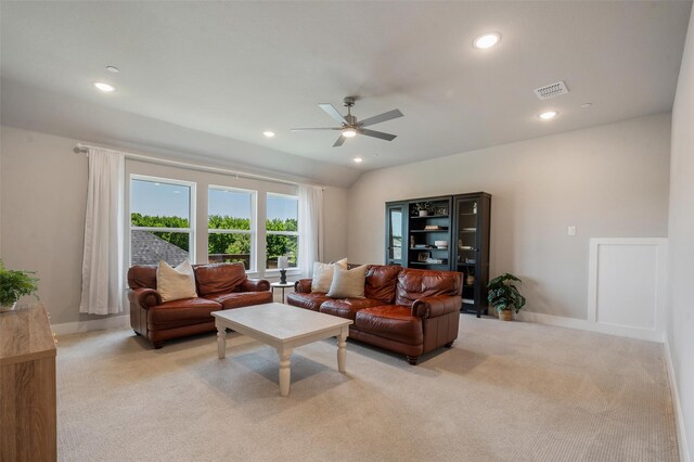 233 Kirkpatrick Ct, Argyle, TX 76226 - living area with ceiling fan, light colored carpet, recessed lighting, and lofted ceiling