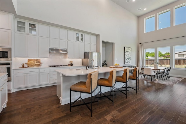 233 Kirkpatrick Ct, Argyle, TX 76226 - kitchen featuring appliances with stainless steel finishes, a breakfast bar, dark wood-style floors, white cabinets, and a high ceiling