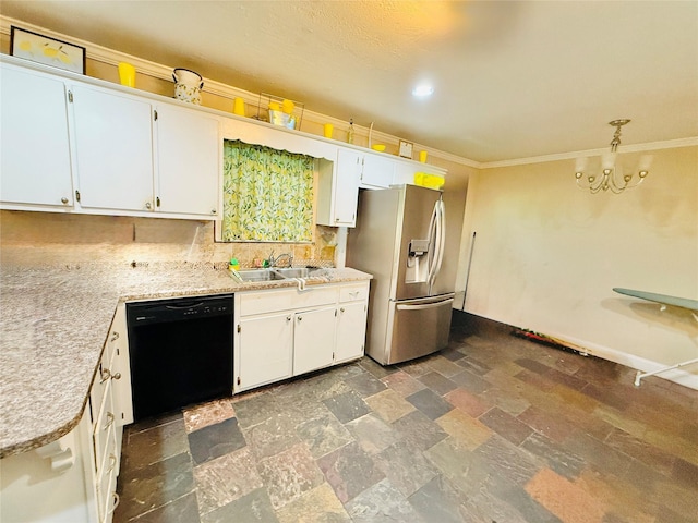 380 NE 32nd St, Paris, TX 75460 - kitchen featuring dishwasher, stainless steel fridge with ice dispenser, crown molding, light countertops, and white cabinets