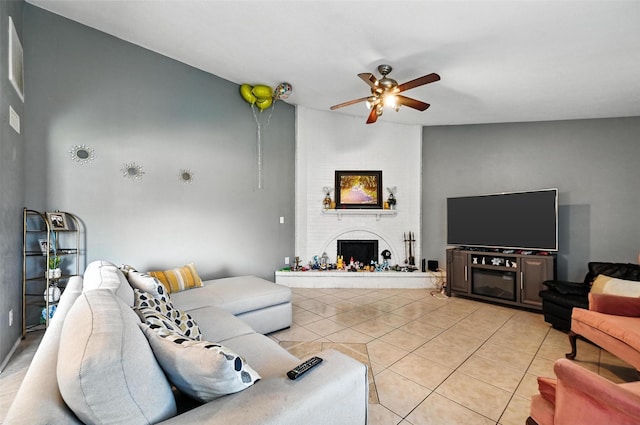 1708 Hutchinson St, Mesquite, TX 75150 - living room with ceiling fan, light tile patterned floors, and a fireplace