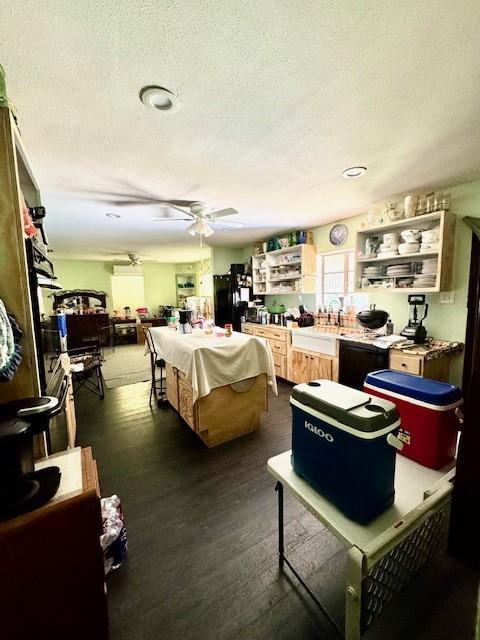 2025 16th St, Garland, TX 75041 - miscellaneous room featuring a ceiling fan, a textured ceiling, and dark wood-type flooring