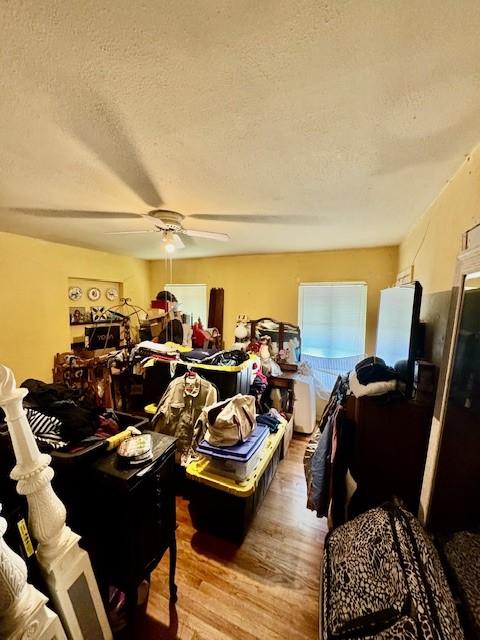 2025 16th St, Garland, TX 75041 - bedroom featuring light wood finished floors, a textured ceiling, and a ceiling fan