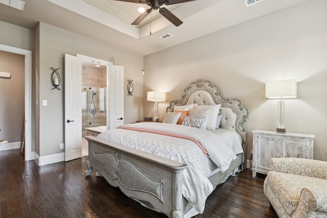 2824 Mastil Rd, Grand Prairie, TX 75054 - bedroom with a raised ceiling, wood finished floors, ensuite bathroom, and a ceiling fan
