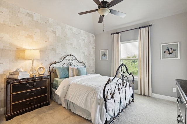 2824 Mastil Rd, Grand Prairie, TX 75054 - bedroom featuring light colored carpet, lofted ceiling, and a ceiling fan