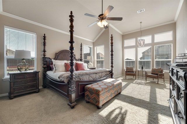12517 Peace River Dr, Frisco, TX 75035 - bedroom with light carpet, high vaulted ceiling, ornamental molding, and a ceiling fan