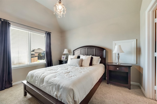 12517 Peace River Dr, Frisco, TX 75035 - bedroom with light carpet, vaulted ceiling, and a chandelier