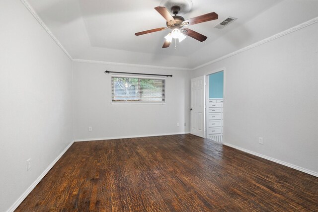 7422 Foxworth Dr, Dallas, TX 75248 - unfurnished room with a ceiling fan, crown molding, wood finished floors, and a tray ceiling