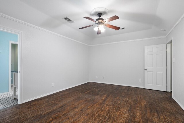 7422 Foxworth Dr, Dallas, TX 75248 - spare room featuring a tray ceiling, a ceiling fan, ornamental molding, and wood finished floors