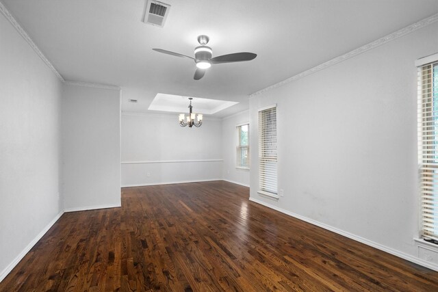 7422 Foxworth Dr, Dallas, TX 75248 - spare room with ornamental molding, a chandelier, a ceiling fan, wood finished floors, and a tray ceiling