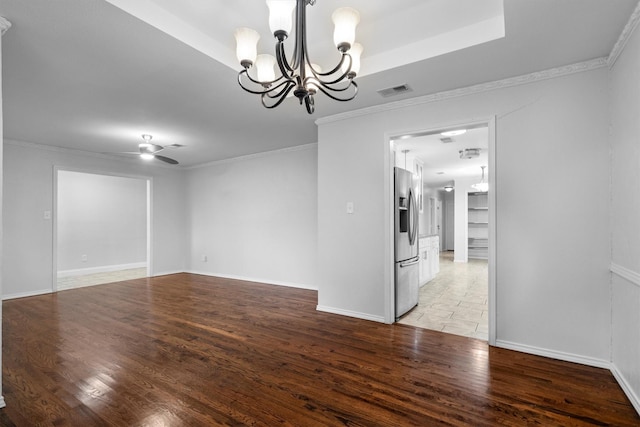 7422 Foxworth Dr, Dallas, TX 75248 - empty room with a chandelier, light wood-style floors, crown molding, and a ceiling fan