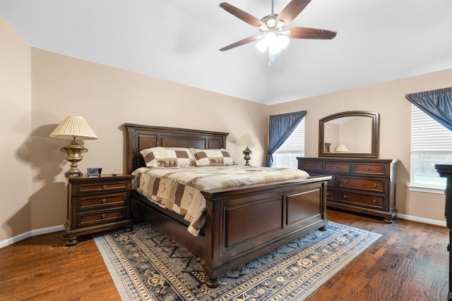 2912 Day Star Dr, Little Elm, TX 75068 - bedroom featuring dark wood finished floors, vaulted ceiling, and a ceiling fan