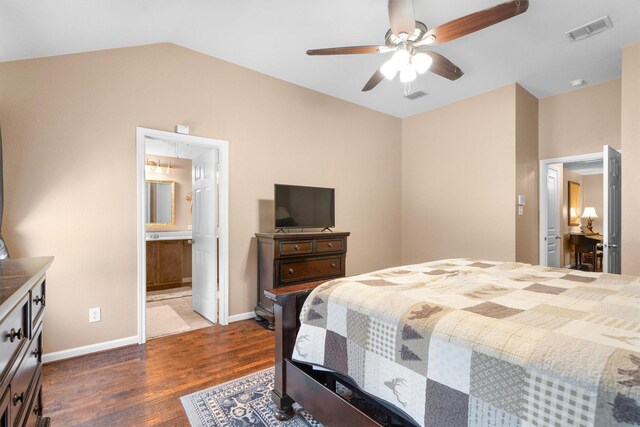 2912 Day Star Dr, Little Elm, TX 75068 - bedroom with wood finished floors, lofted ceiling, a ceiling fan, and ensuite bath
