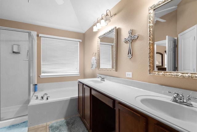 2912 Day Star Dr, Little Elm, TX 75068 - full bath featuring a shower stall, a bath, lofted ceiling, double vanity, and tile patterned flooring