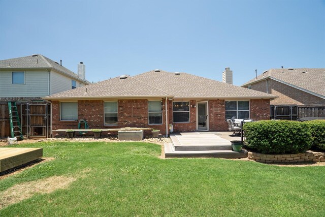 2912 Day Star Dr, Little Elm, TX 75068 - rear view of property featuring a chimney, brick siding, a deck, and a shingled roof