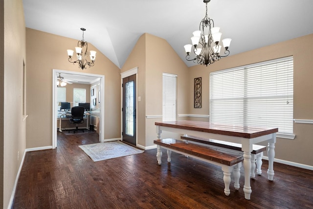 2912 Day Star Dr, Little Elm, TX 75068 - dining area featuring a chandelier, an office area, wood finished floors, and lofted ceiling