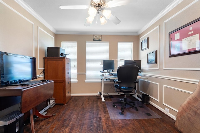 2912 Day Star Dr, Little Elm, TX 75068 - office with wood finished floors, a ceiling fan, crown molding, and a decorative wall