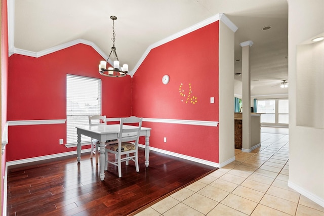 12313 Ark Rd, Frisco, TX 75035 - dining area featuring a chandelier, ornamental molding, vaulted ceiling, wood finished floors, and a ceiling fan