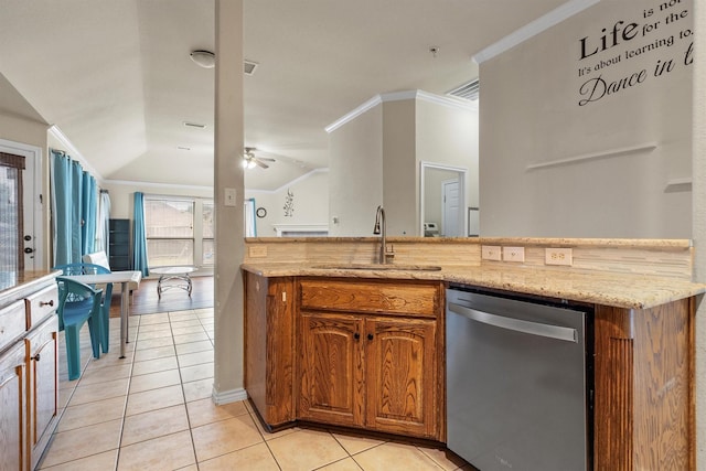12313 Ark Rd, Frisco, TX 75035 - kitchen with stainless steel dishwasher, brown cabinets, light tile patterned flooring, crown molding, and ceiling fan