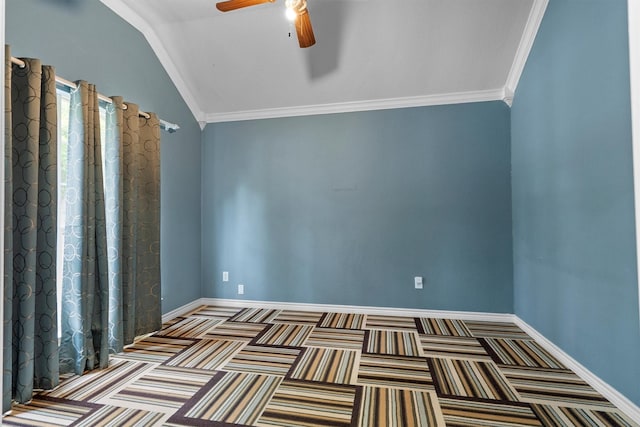 12313 Ark Rd, Frisco, TX 75035 - carpeted spare room with ceiling fan, lofted ceiling, and ornamental molding