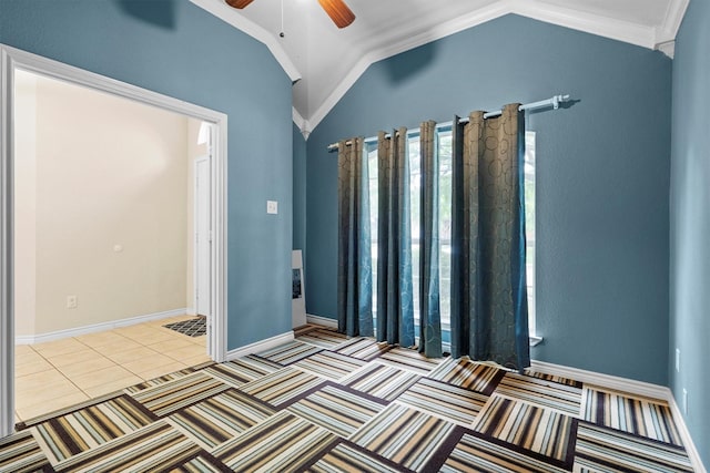 12313 Ark Rd, Frisco, TX 75035 - unfurnished room featuring a ceiling fan, lofted ceiling, and tile patterned flooring