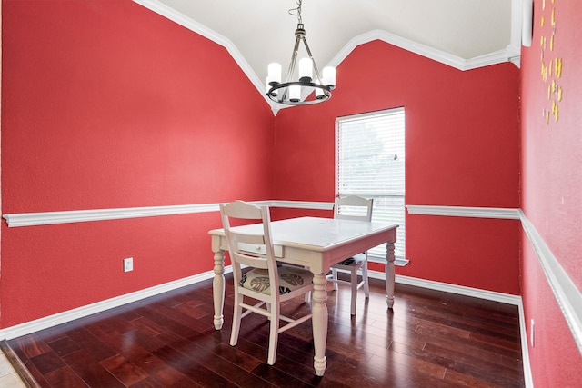 12313 Ark Rd, Frisco, TX 75035 - dining room featuring a chandelier, vaulted ceiling, hardwood / wood-style floors, and crown molding